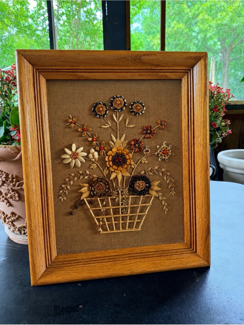 Vintage 1962 Framed Floral Seed Art / Mixed Media Wall Hanging